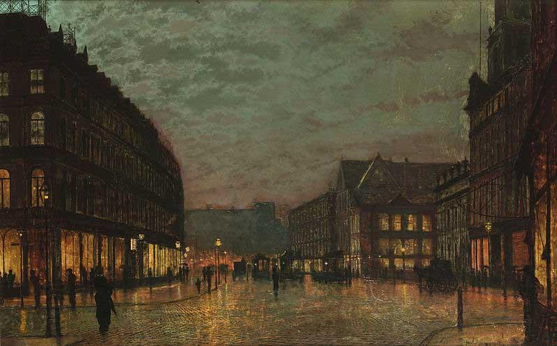 John Atkinson Grimshaw Boar Lane, Leeds, by lamplight. Signed and dated 'Atkinson Grimshaw 1881+' (lower right) signed and inscribed with title on reverse China oil painting art